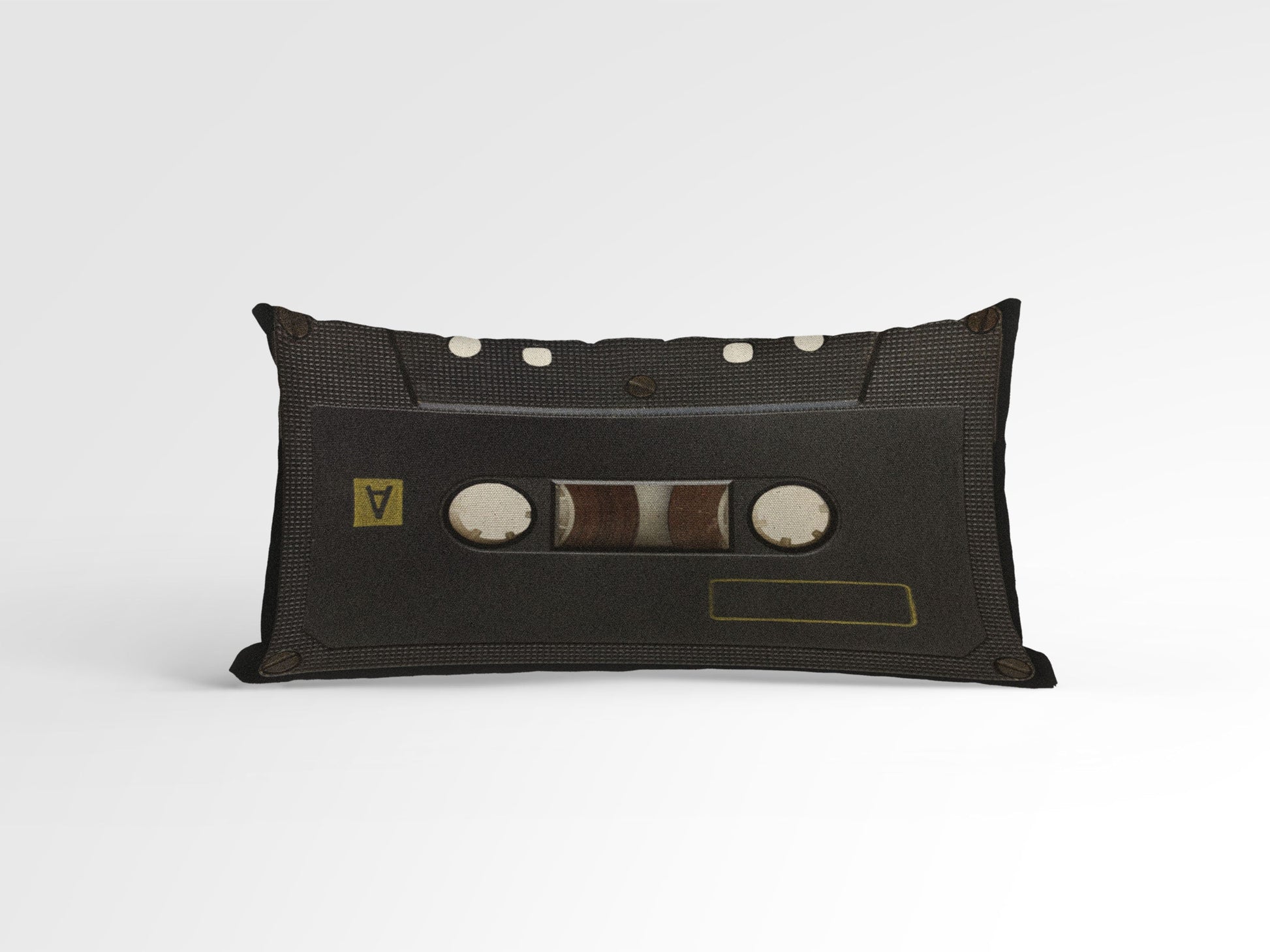 backside of a Personalized cassette tape pillow crafted from natural cotton canvas, retro-inspired home decor.