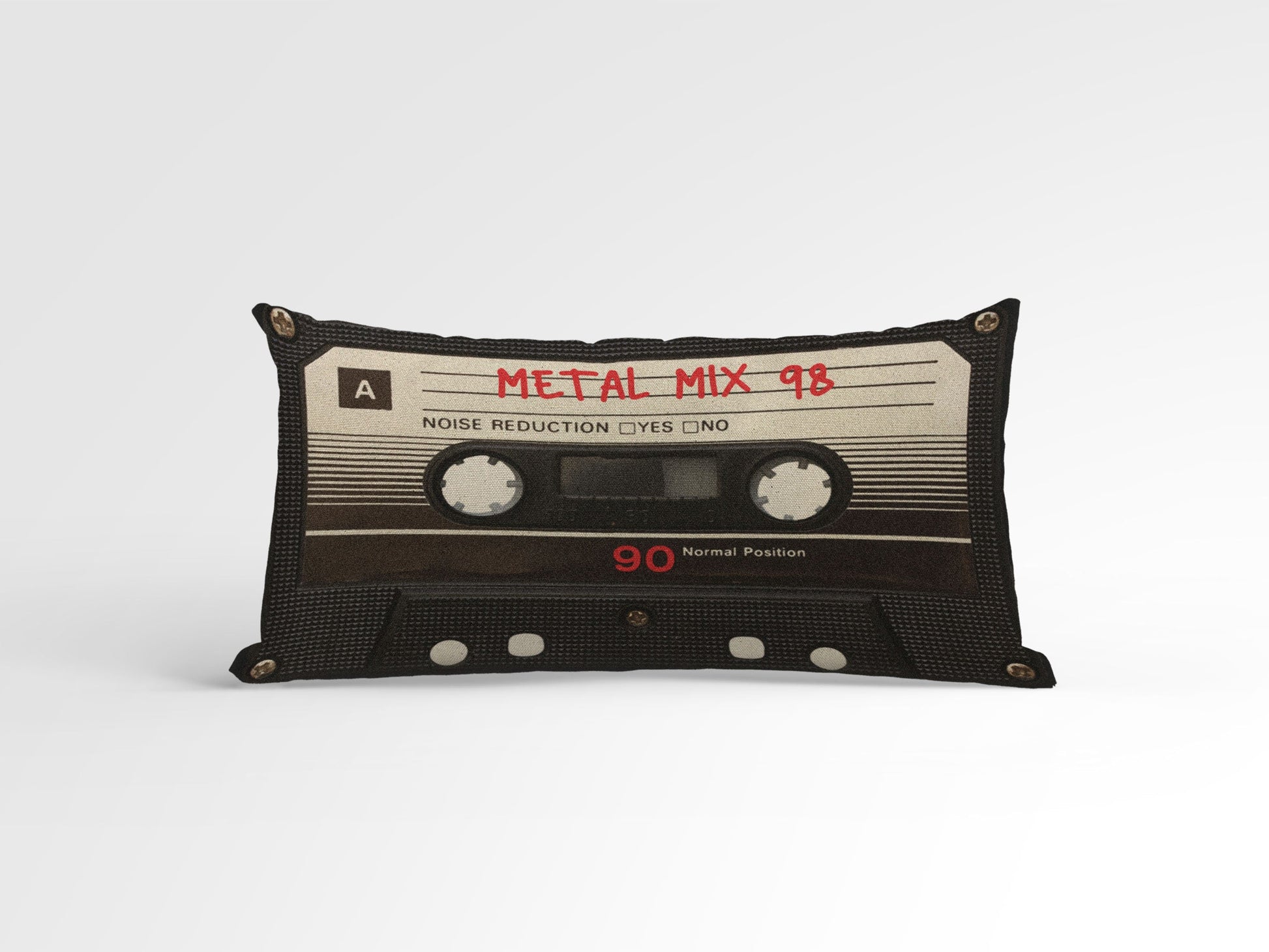 Personalized cassette tape pillow crafted from natural cotton canvas, featuring custom text title embroidery, retro-inspired home decor.