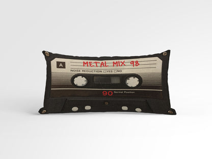 Personalized cassette tape pillow crafted from natural cotton canvas, featuring custom text title embroidery, retro-inspired home decor.