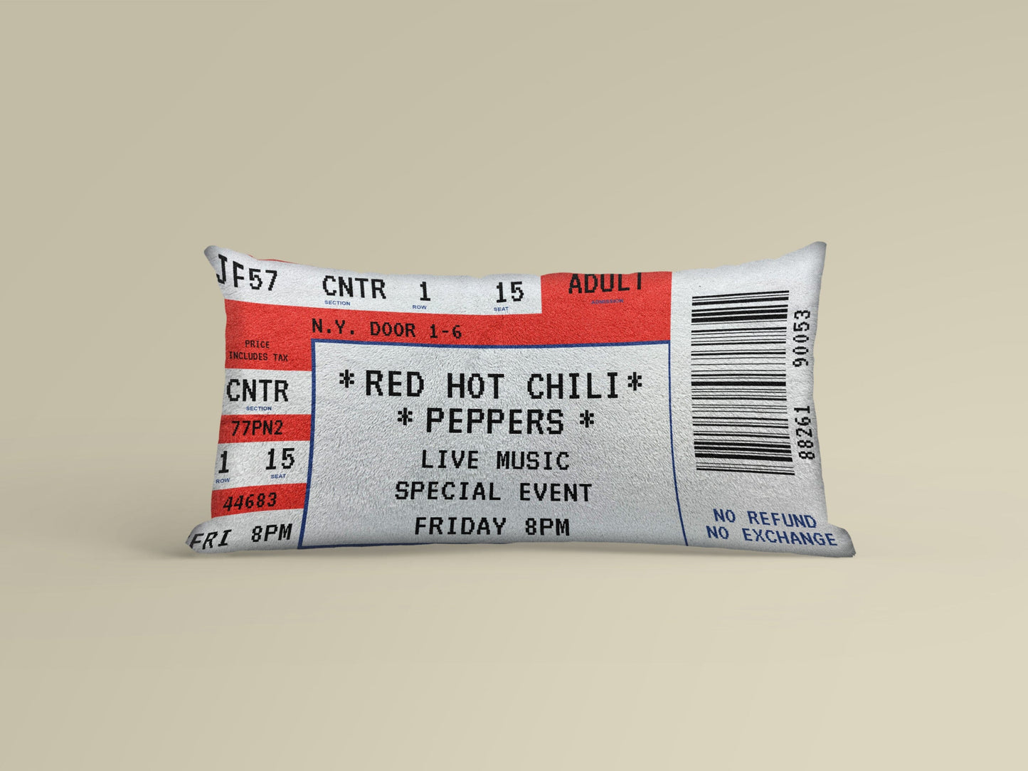 A white Personalized Event Ticket Pillow made from cotton, Red Hot Chili Peppers event ticket printed on it