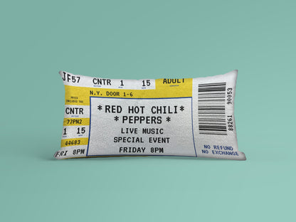 A gold Personalized Event Ticket Pillow made from cotton, Red Hot Chili Peppers event ticket printed on it