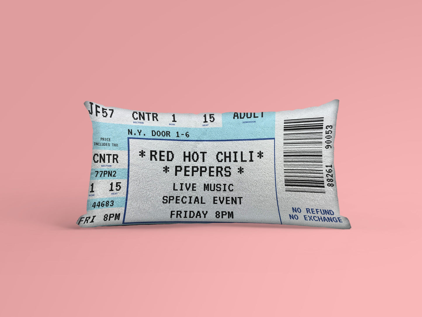 A light blue Personalized Event Ticket Pillow made from cotton, Red Hot Chili Peppers event ticket printed on it