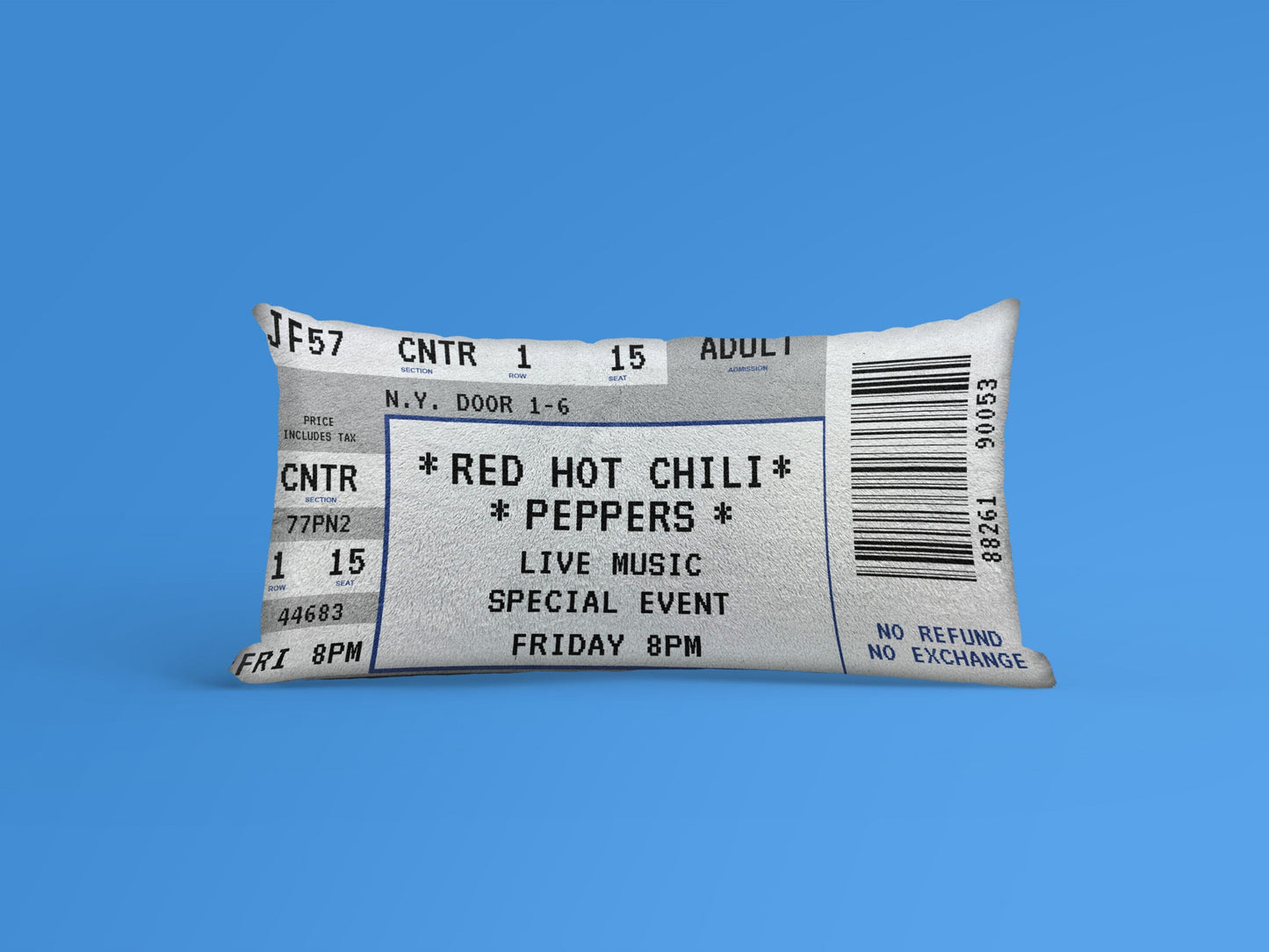 A grey Personalized Event Ticket Pillow made from cotton, Red Hot Chili Peppers event ticket printed on it