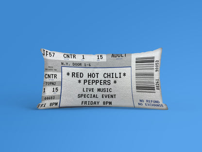 A grey Personalized Event Ticket Pillow made from cotton, Red Hot Chili Peppers event ticket printed on it