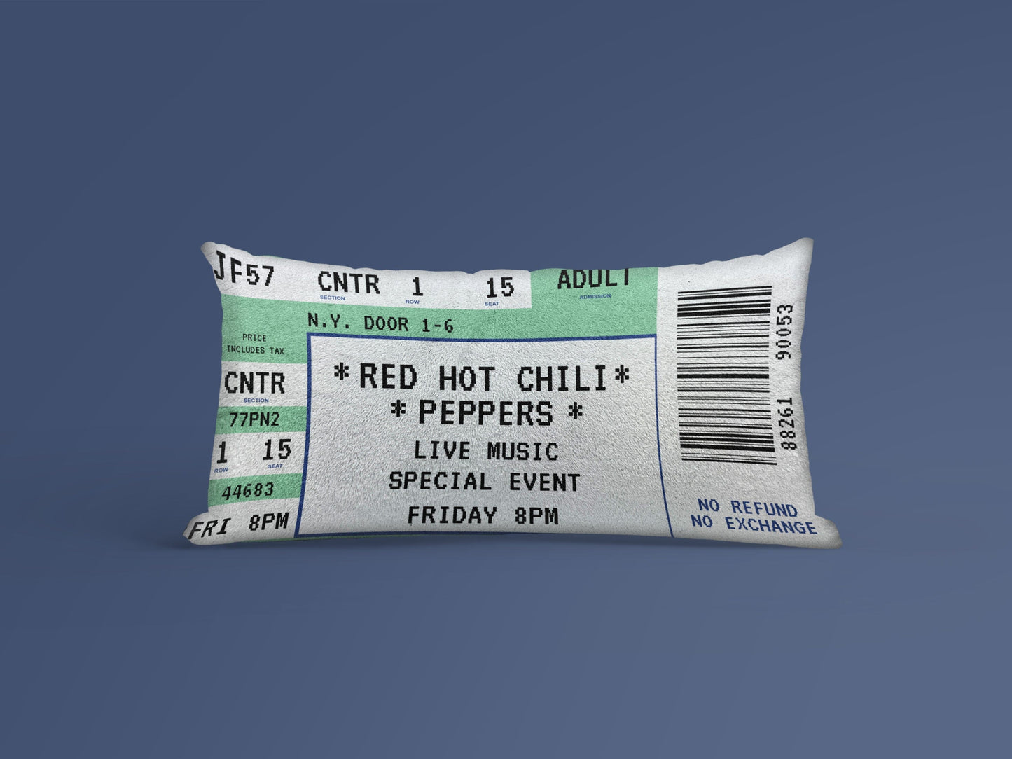 A mint green Personalized Event Ticket Pillow made from cotton, Red Hot Chili Peppers event ticket printed on it