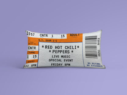 An orange Personalized Event Ticket Pillow made from cotton, Red Hot Chili Peppers event ticket printed on it