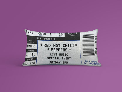 A black Personalized Event Ticket Pillow made from cotton, Red Hot Chili Peppers event ticket printed on it