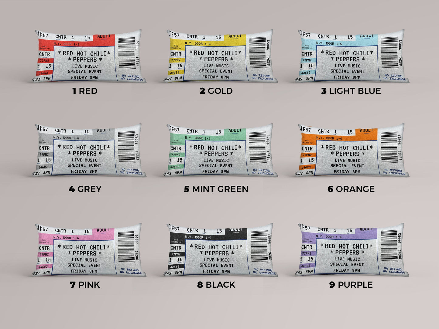 Nine different type of event ticket pillow are being shown