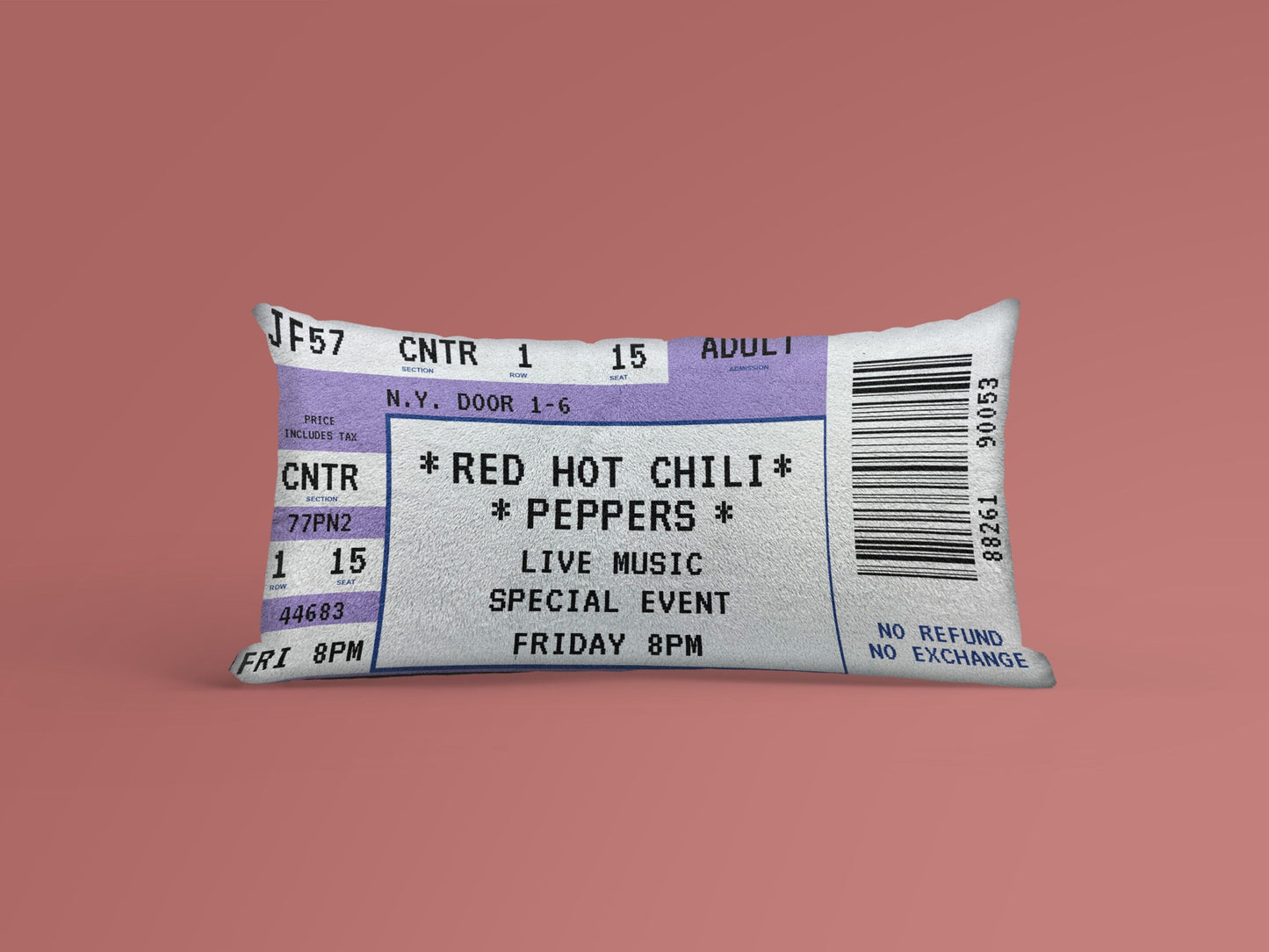 A purple Personalized Event Ticket Pillow made from cotton, Red Hot Chili Peppers event ticket printed on it