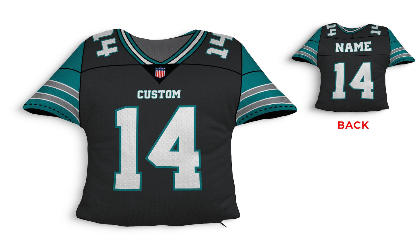 Front and backside of a Personalized Football Jersey Pillow in  Dark Grey-Teal-White color