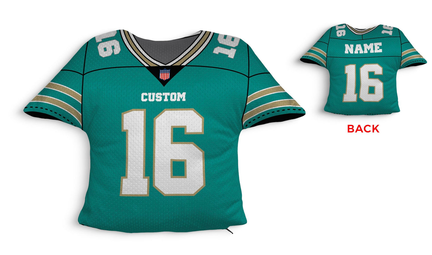 Front and backside of a Personalized Football Jersey Pillow in  Teal-White-Gold color