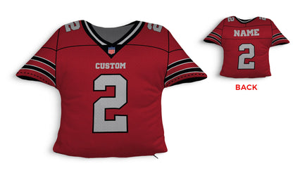 Front and backside of a Personalized Football Jersey Pillow in Red-Silver color