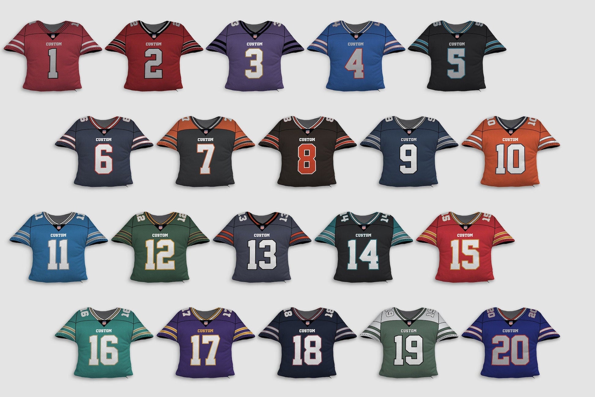 Twenty different type of Personalized Football Jersey Pillow with different designs on a white surface