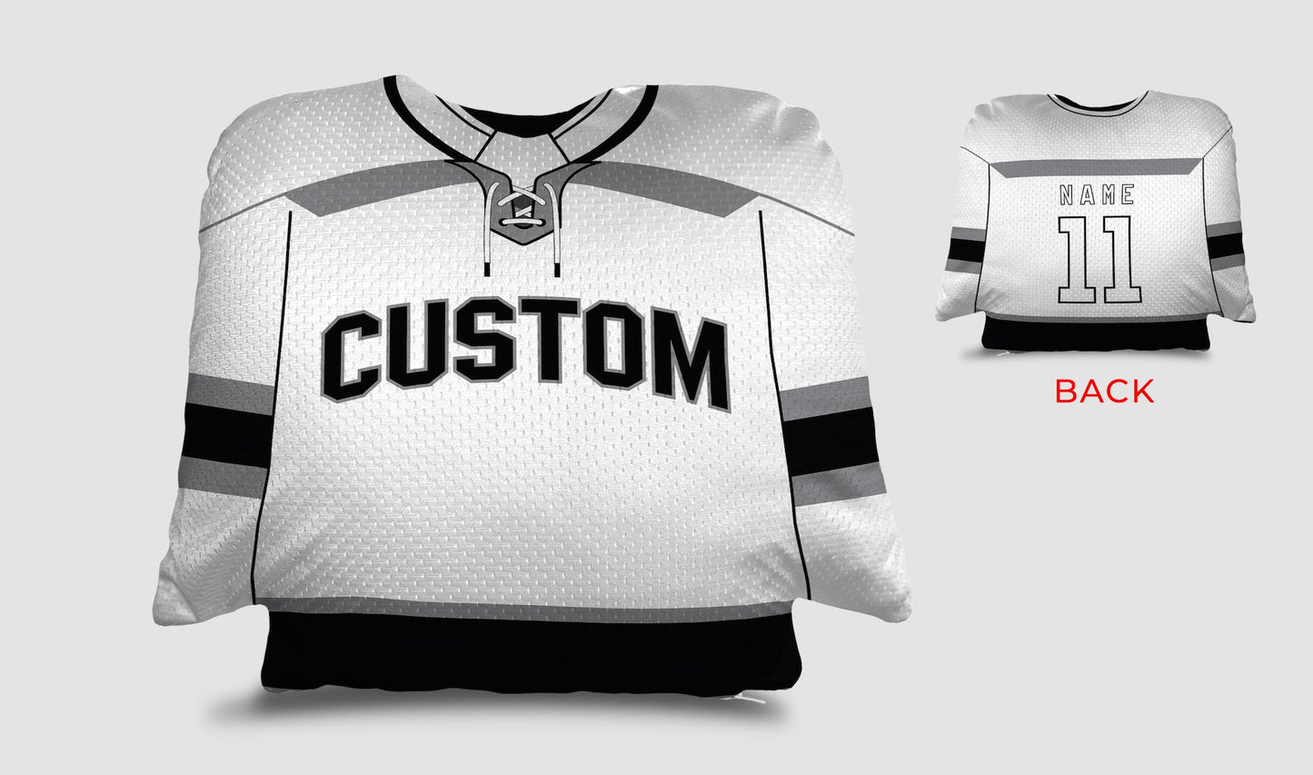 Front and backside of a Personalized Hockey Jersey Pillow in White-Black color