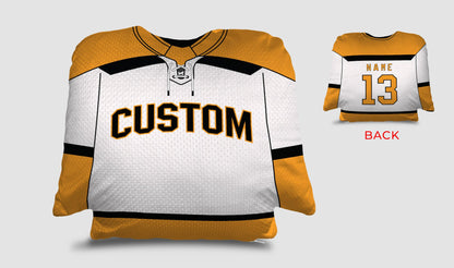 Front and backside of a Personalized Hockey Jersey Pillow in White-Gold-Black color