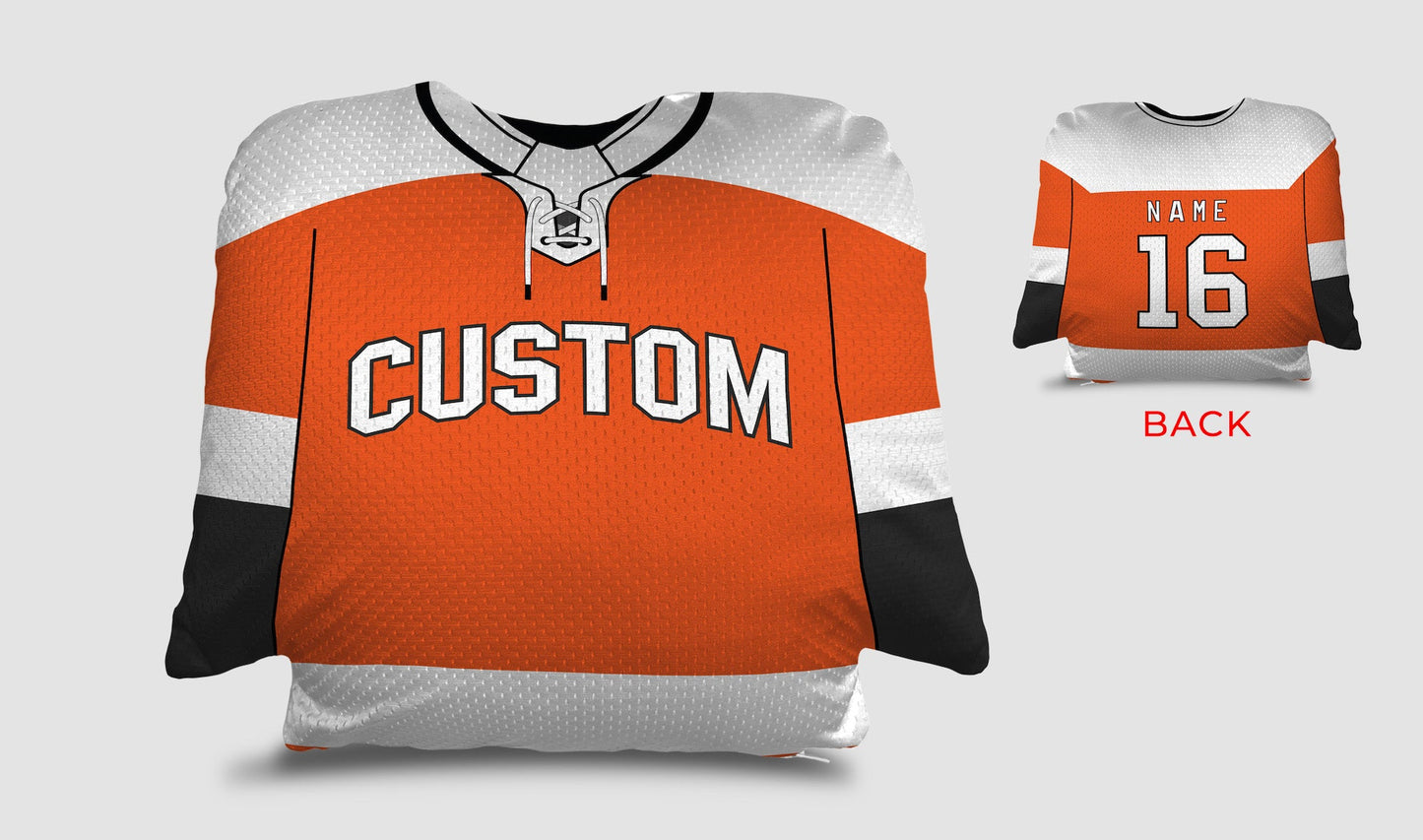 Front and backside of a Personalized Hockey Jersey Pillow in Orange-Black-White color