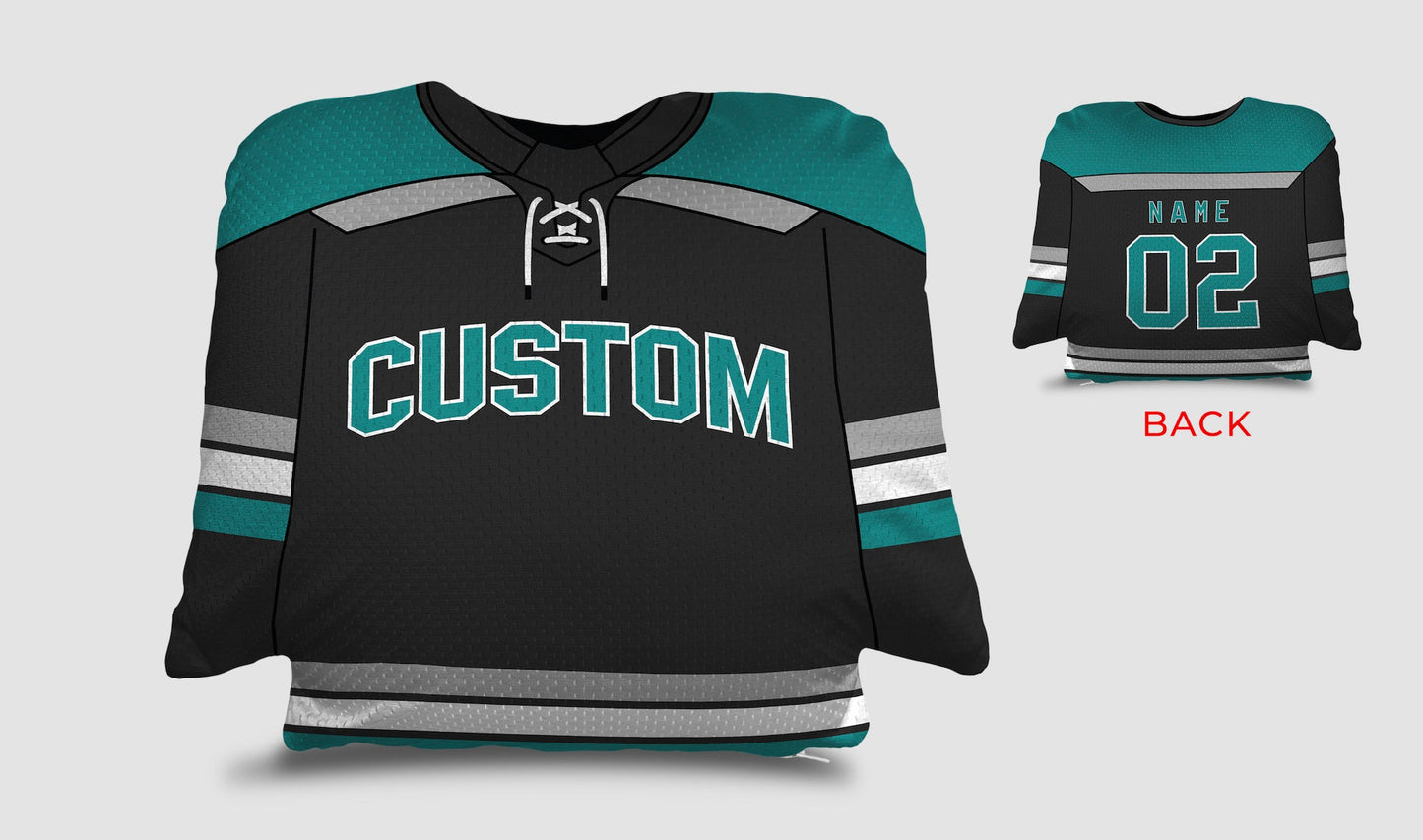 Front and backside of a Personalized Hockey Jersey Pillow in Black-White-Teal color