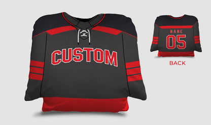 Front and backside of a Personalized Hockey Jersey Pillow in Black-Red-White color