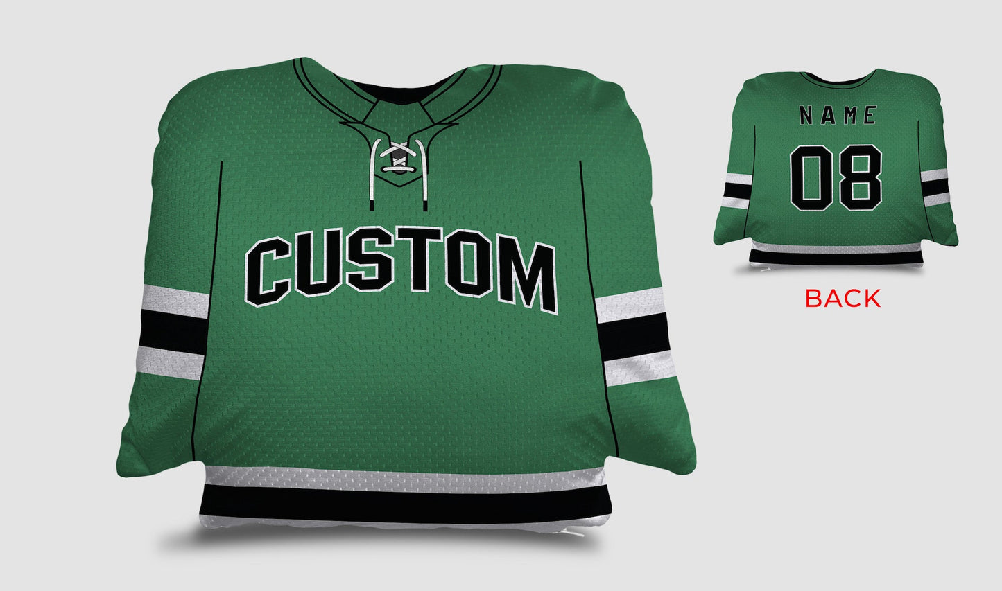 Front and backside of a Personalized Hockey Jersey Pillow in Green-Black color