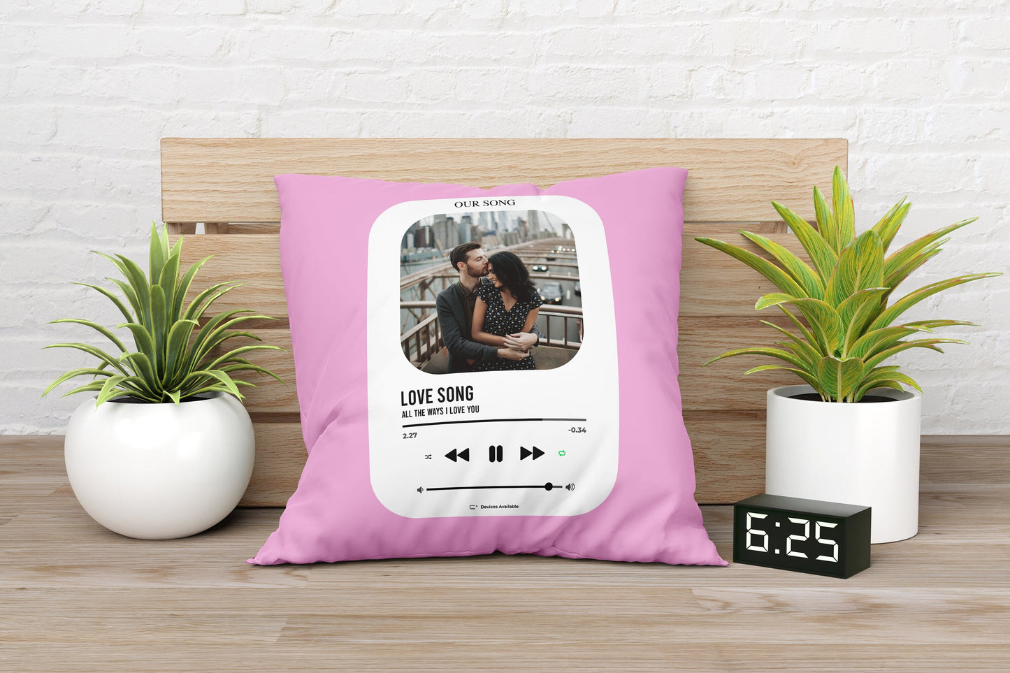 A pink Custom photo pillow featuring a romantic album cover design, customized design on natural cotton canvas