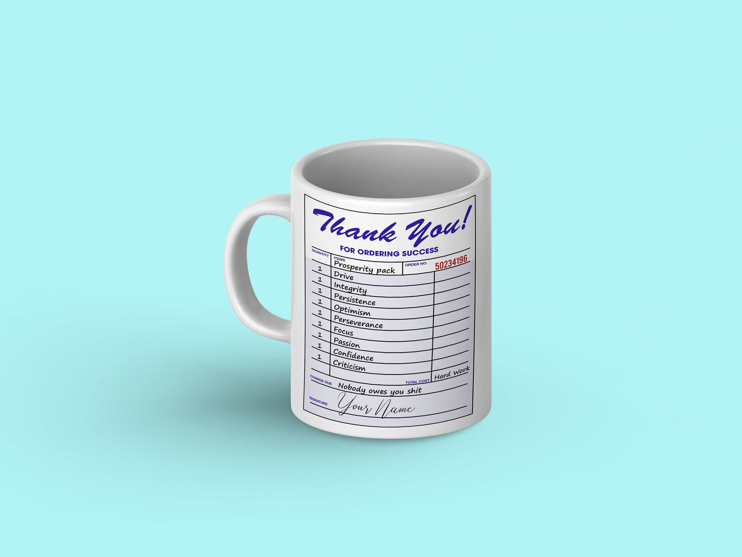 White ceramic mug with "Order Success" graphic and personalized name in colorful text