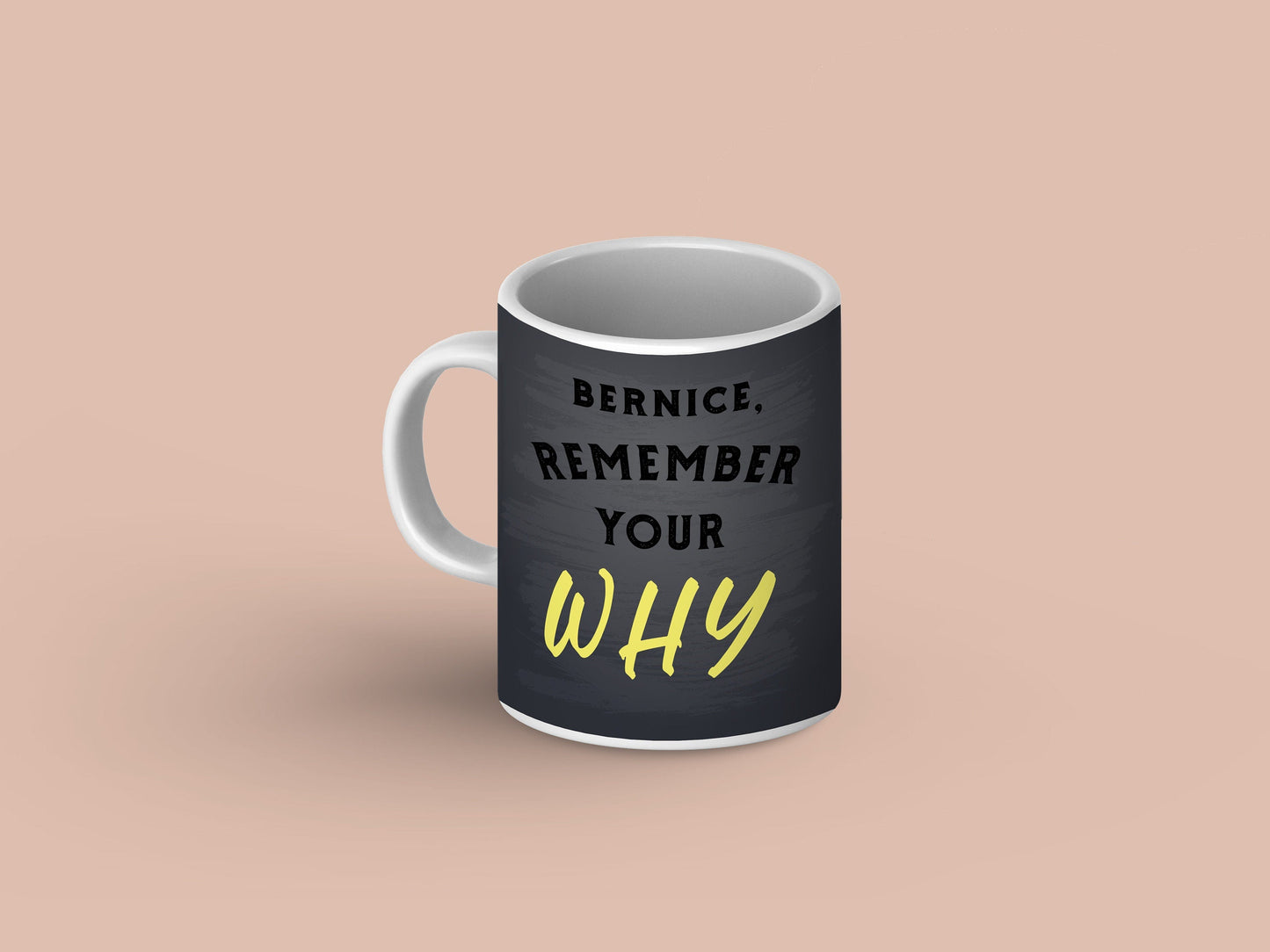 Personalized black ceramic mug with 'Remember Why' motif in elegant script