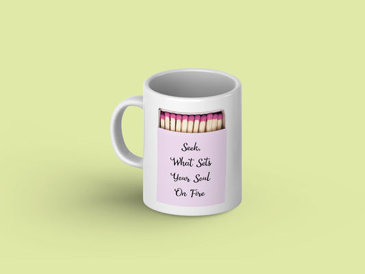 A white ceramic mug in a yellow background, with a match box print and customized writings