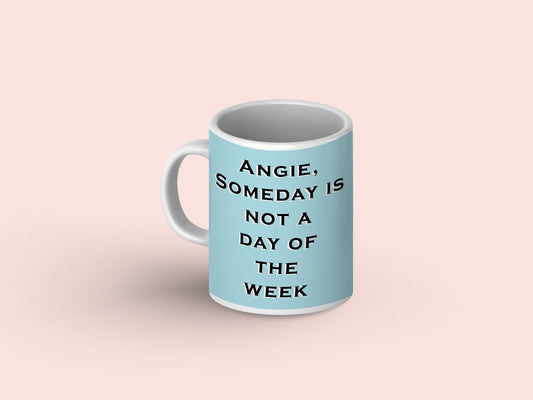 A 15oz sky blue white ceramic mug in sky blue, in pink background perfect for daily inspiration with morning coffee.