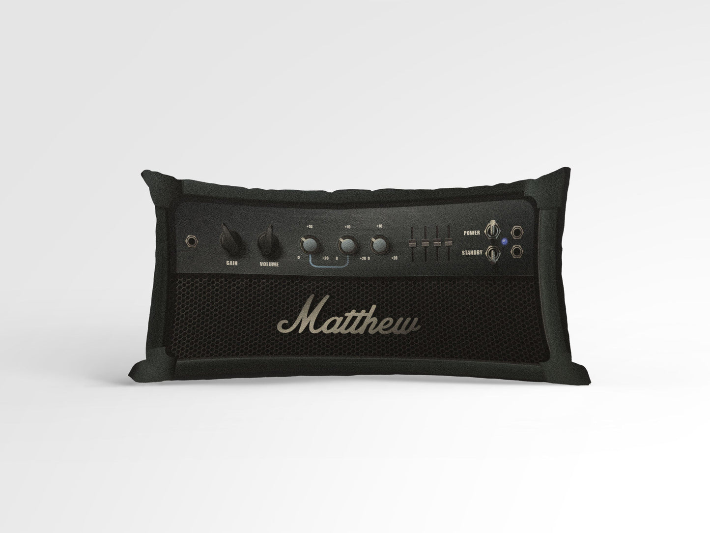 Personalized black Marshall amplifier inspired pillow on natural cotton canvas, featuring custom name embroidery, stylish and musical home decor.