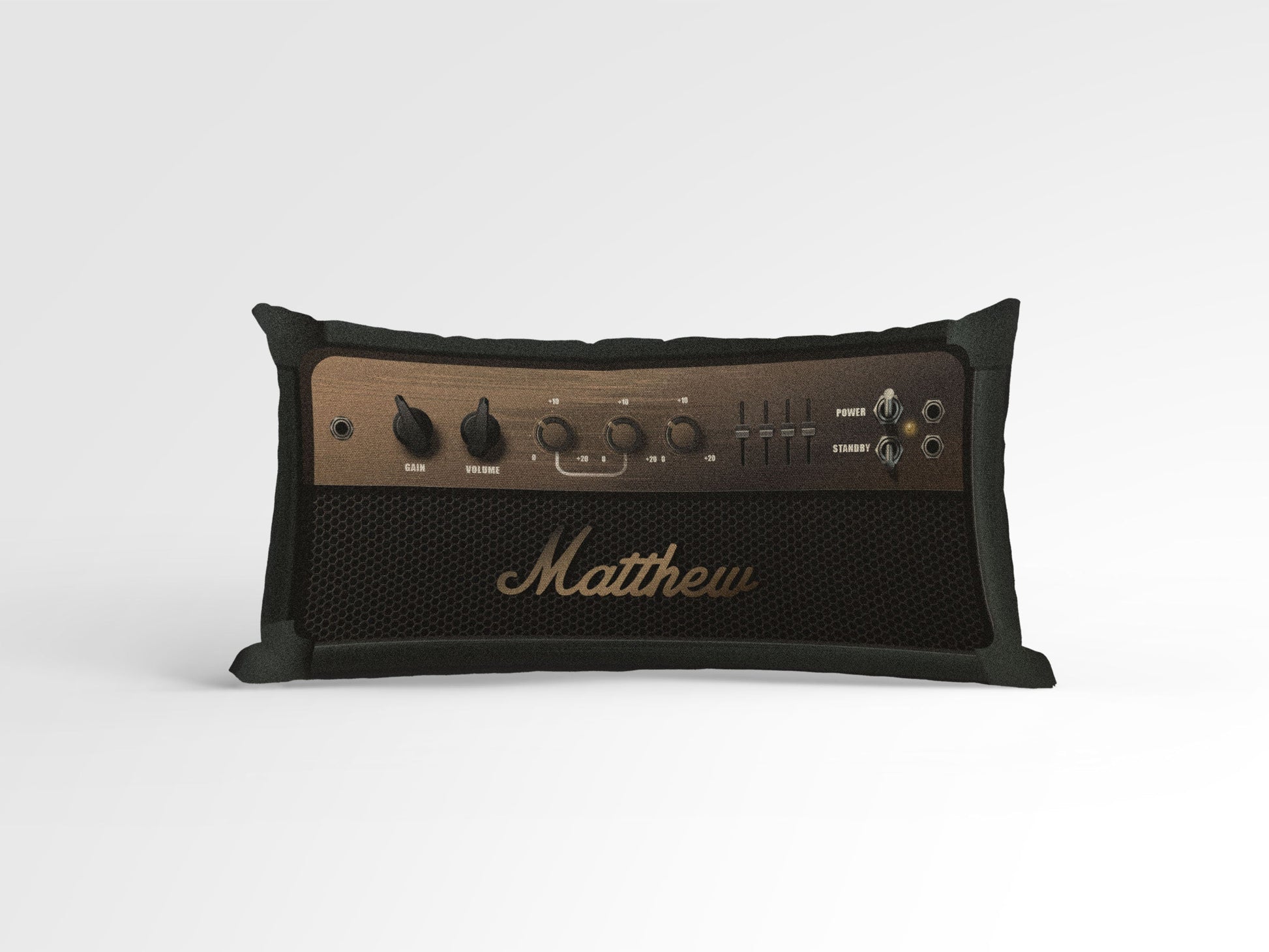 Personalized gold & black Marshall amplifier inspired pillow on natural cotton canvas, featuring custom name embroidery, stylish and musical home decor.