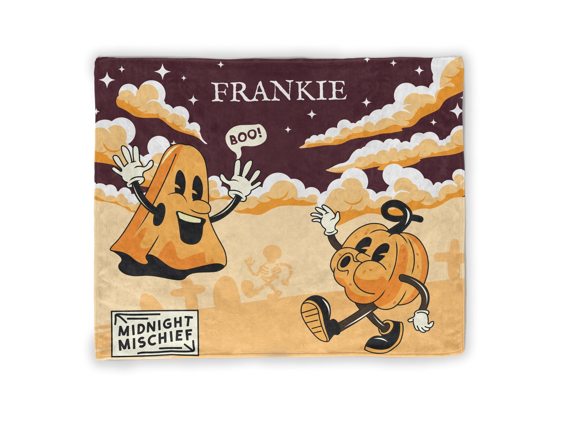 Personalized Throw Blanke with whimsical ghosts, pumpkins, cloud and sky in vibrant colors.