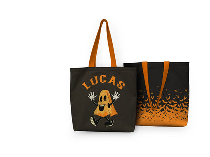 An Orange tote bag with whimsical halloween ghost march design