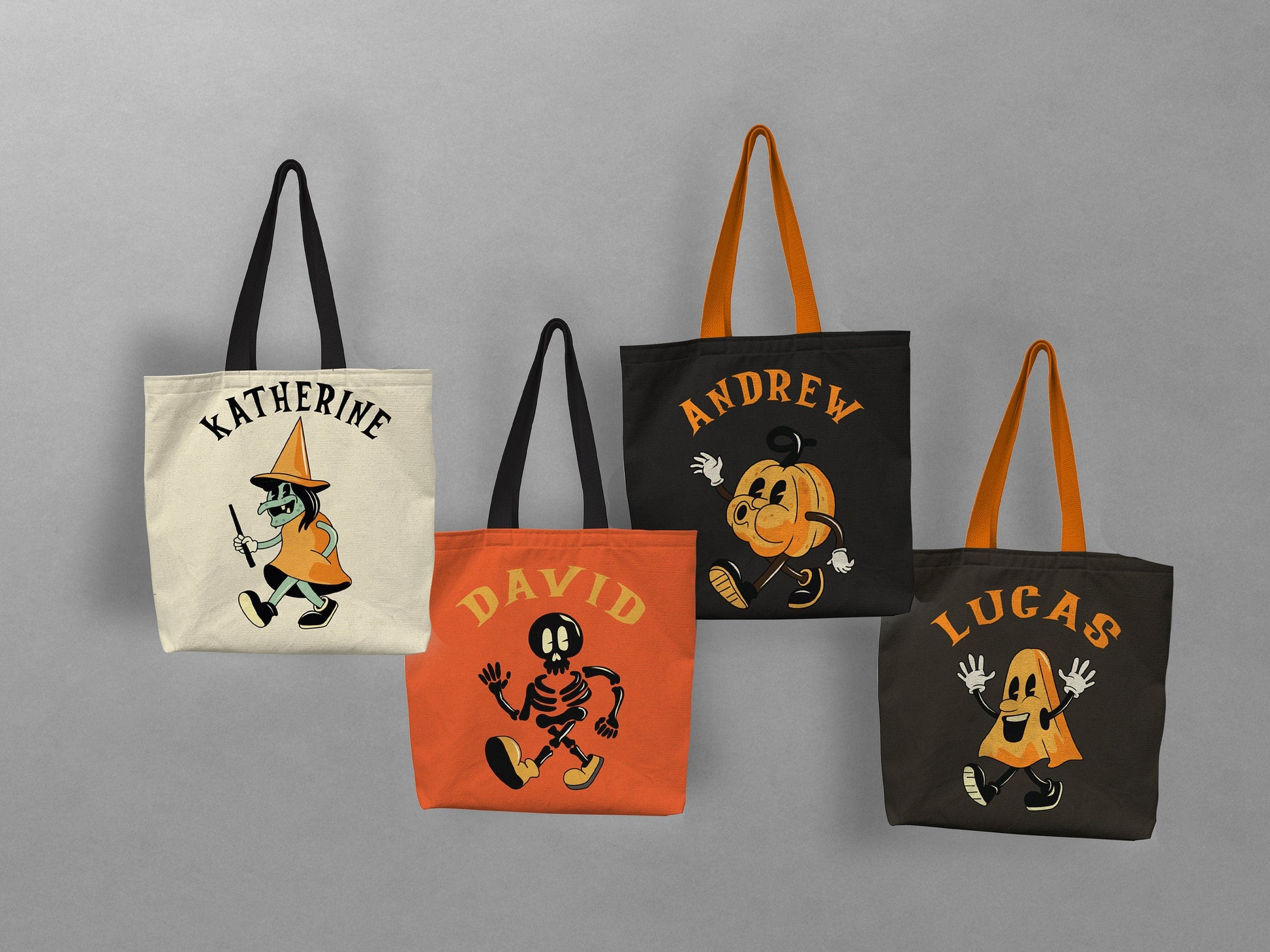 Four different colour tote bag, with customized names and retro halloween design