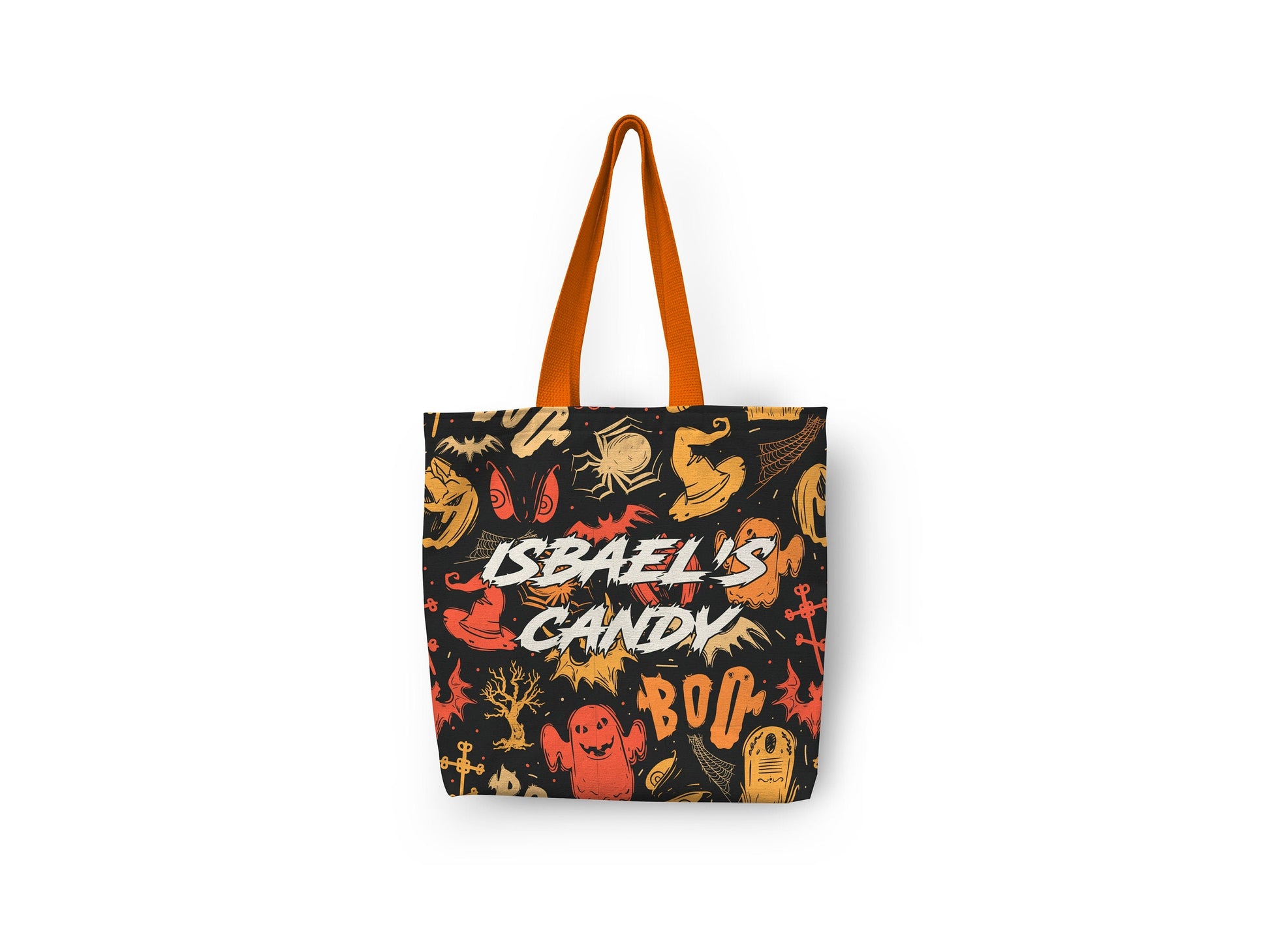 A Halloween-themed tote bag featuring ghouls and ghosts with the text "Trick or Treat" and a personalized name at the top