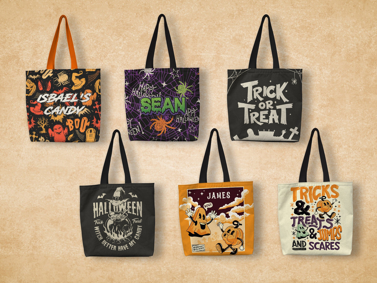 6 different color and design tote bag with retro halloween prints and customized name