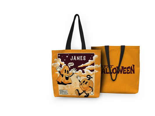 A tote bag with a retro Halloween design featuring "Midnight Mischief" text, playful ghosts, and spooky motifs, personalized with a name.