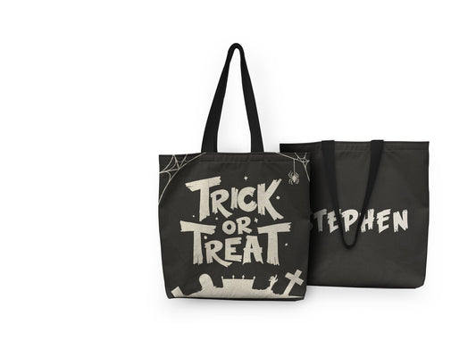 Orange and black Halloween tote bag with customized name, decorated with spooky-themed illustrations and an inner zippered pocket