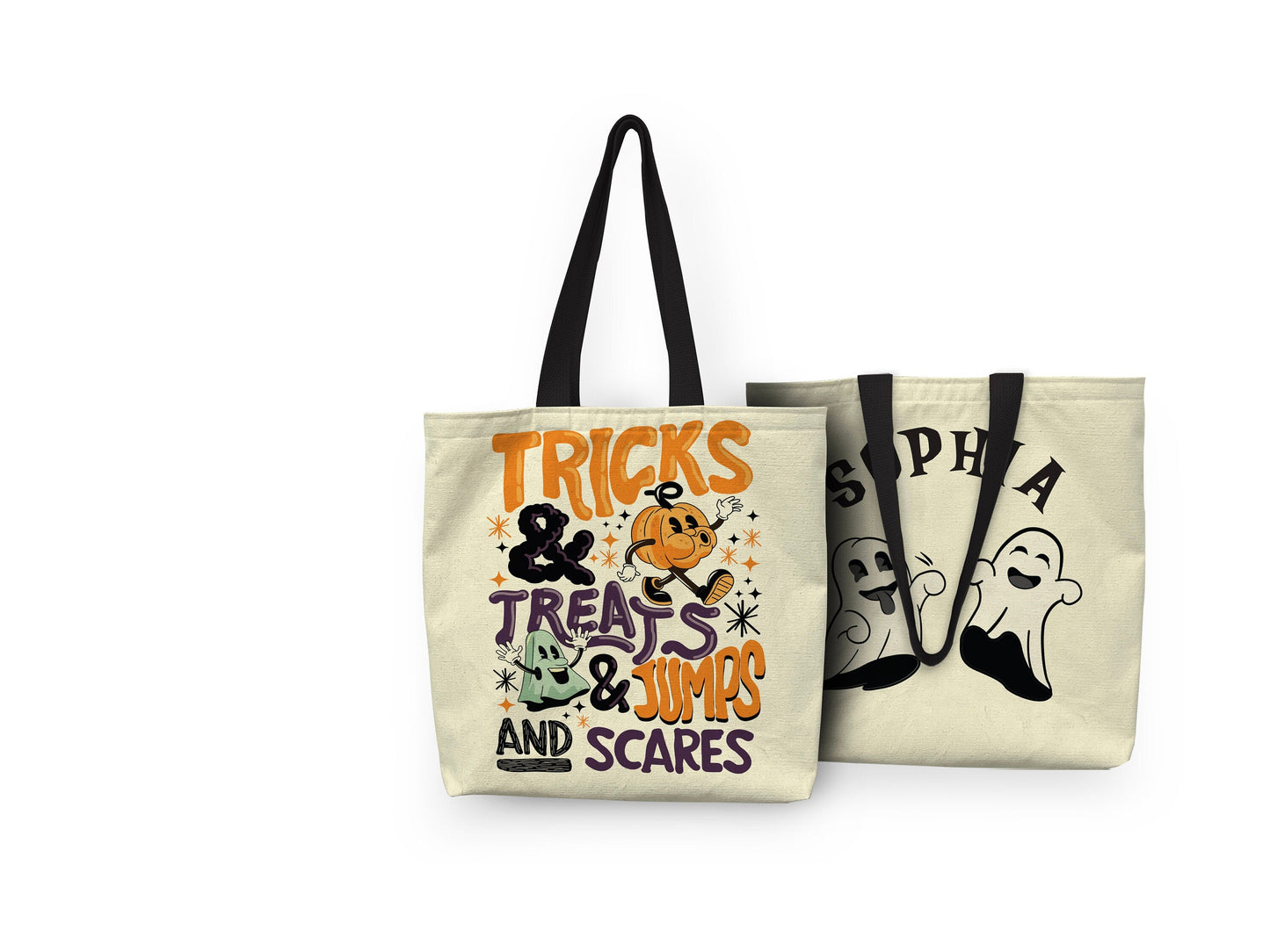 A retro Halloween-themed tote bag with "Tricks and Treats" text, colorful illustrations, and a personalized name at the top.