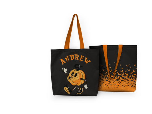 Both sides of a retro halloween tote bag with whistling pumpkin print on it