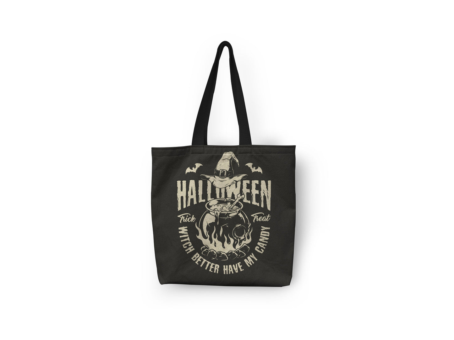 A 100% cotton tote bag with a "Witch Better Have My Money" design, featuring vibrant text and a spacious interior with an inner zippered pocket