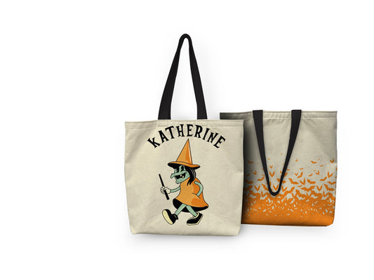 Orange tote bag with a whimsical witch design featuring a wretched witch surrounded by mystical elements