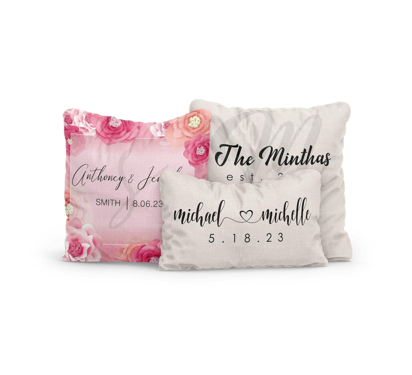 three different sizes Wedding Monogram Throw Pillows on a white background with customized name