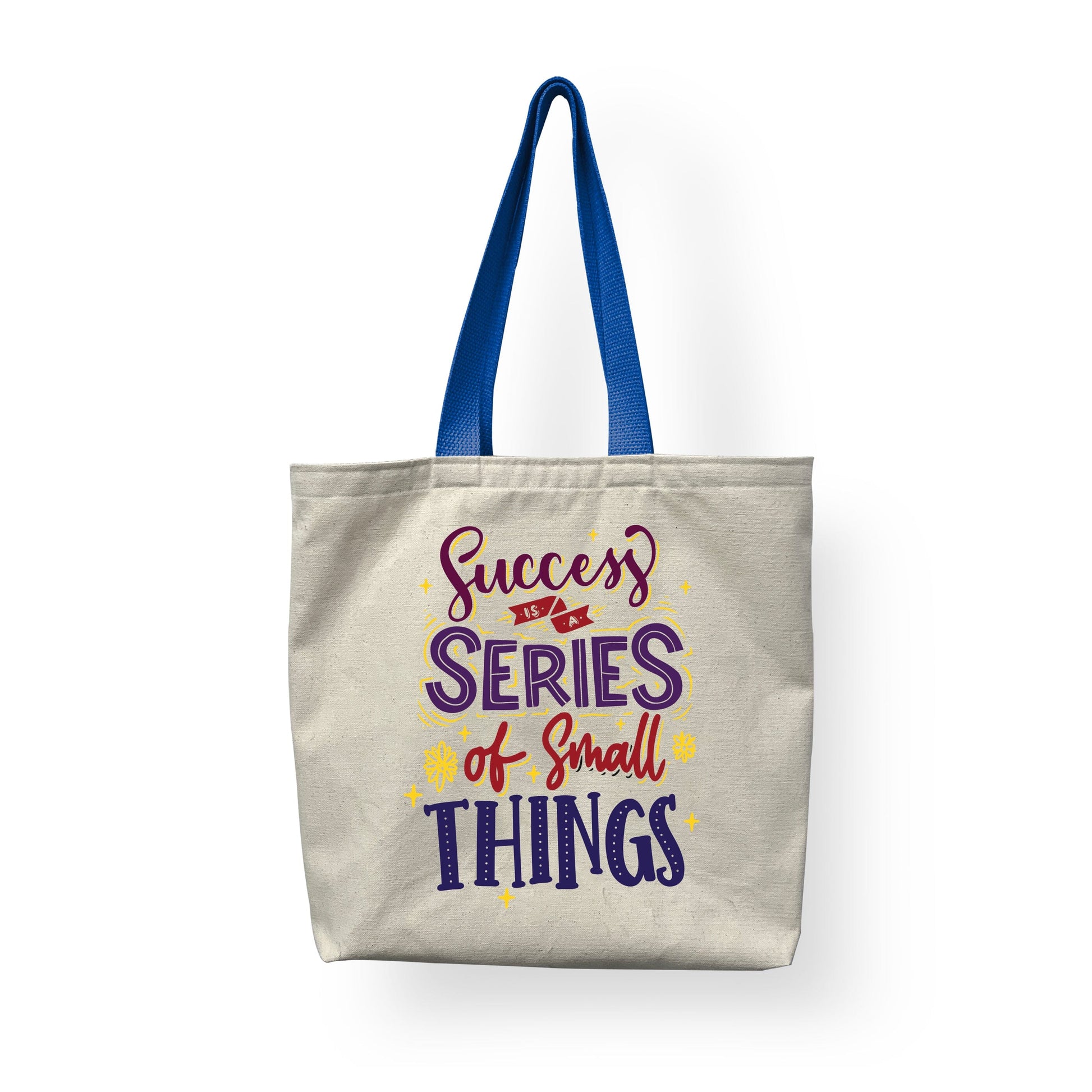 A fashion tote by Sam and Zoey featuring the quote "Success is a series of small things," designed with elegant typography against a minimalist background, conveying a message of achievement and sophistication.