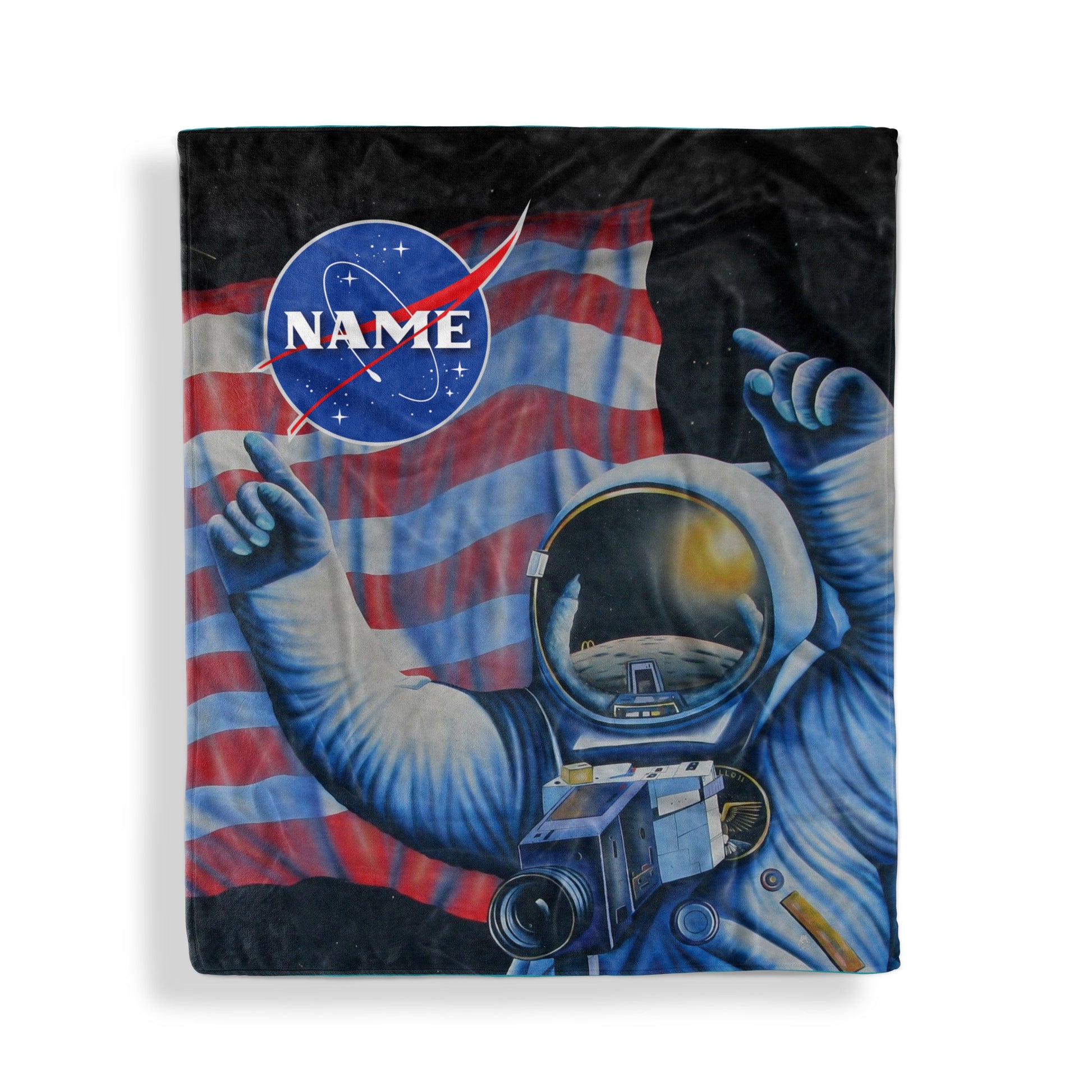 A throw blanket with american astronaut design and customized name , displayed flat on white surface