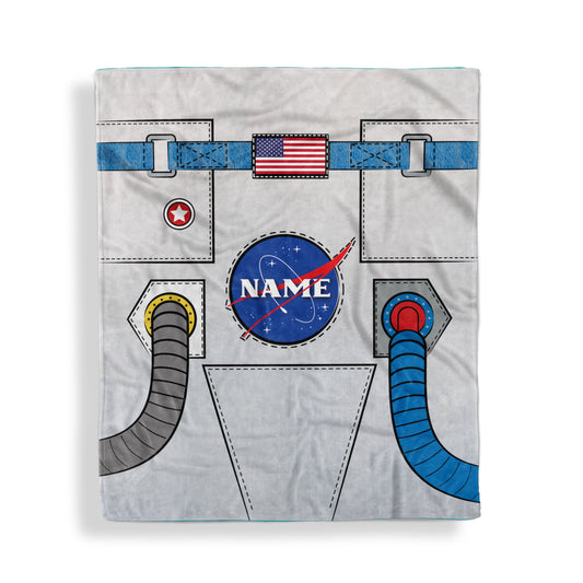 A throw blanket with Astronaut suit design and customized name, displayed flat on white surface