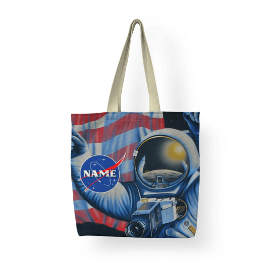 A tote bag with American Astronaut design displayed on a white surface