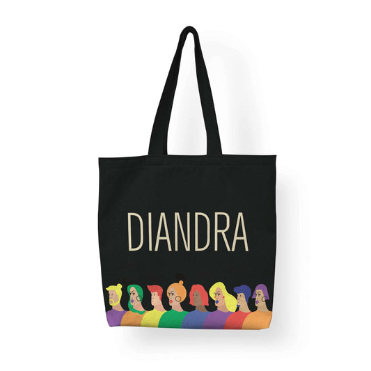 A Faces of LGBTQ Pride Tote bag in blck color with customizd name 'Diandra'