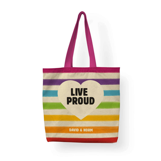 An LGBTQ Pride Flag Tote with stripe rainbow print on a white surface