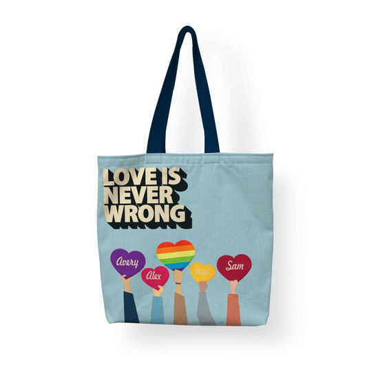 A Love is Never Wrong LGBTQ Pride Tote bag in skyblue color with dark blue handle